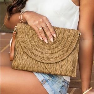 Straw Crossbody Bag Clutch Purse Handbag Mocha Brown